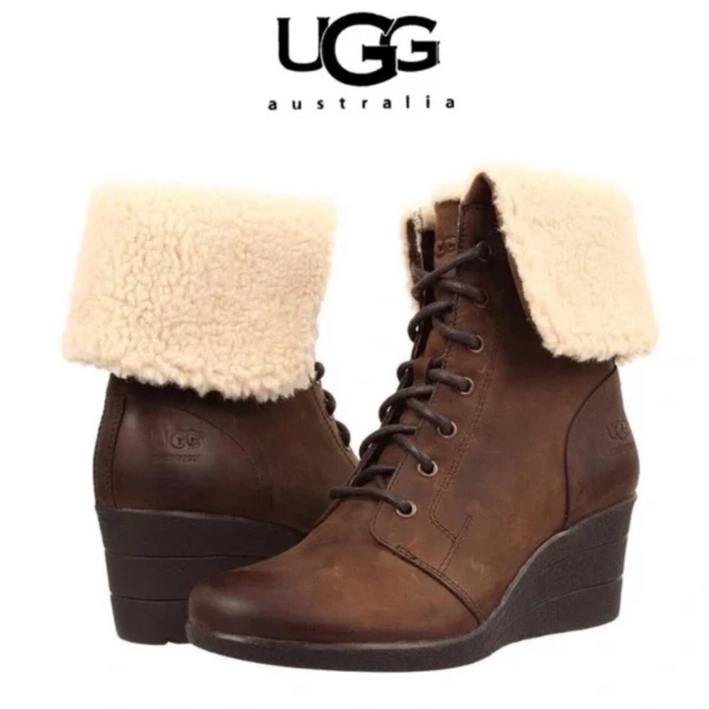 UGG Brown Lace-Up Winter Boots with Cream Fur Lining